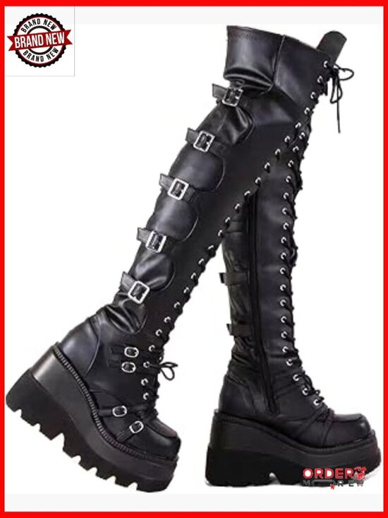 Shoes - Platform Over Knee Boots with Chunky Heel Side Zip Lace Up Motorcycle Style